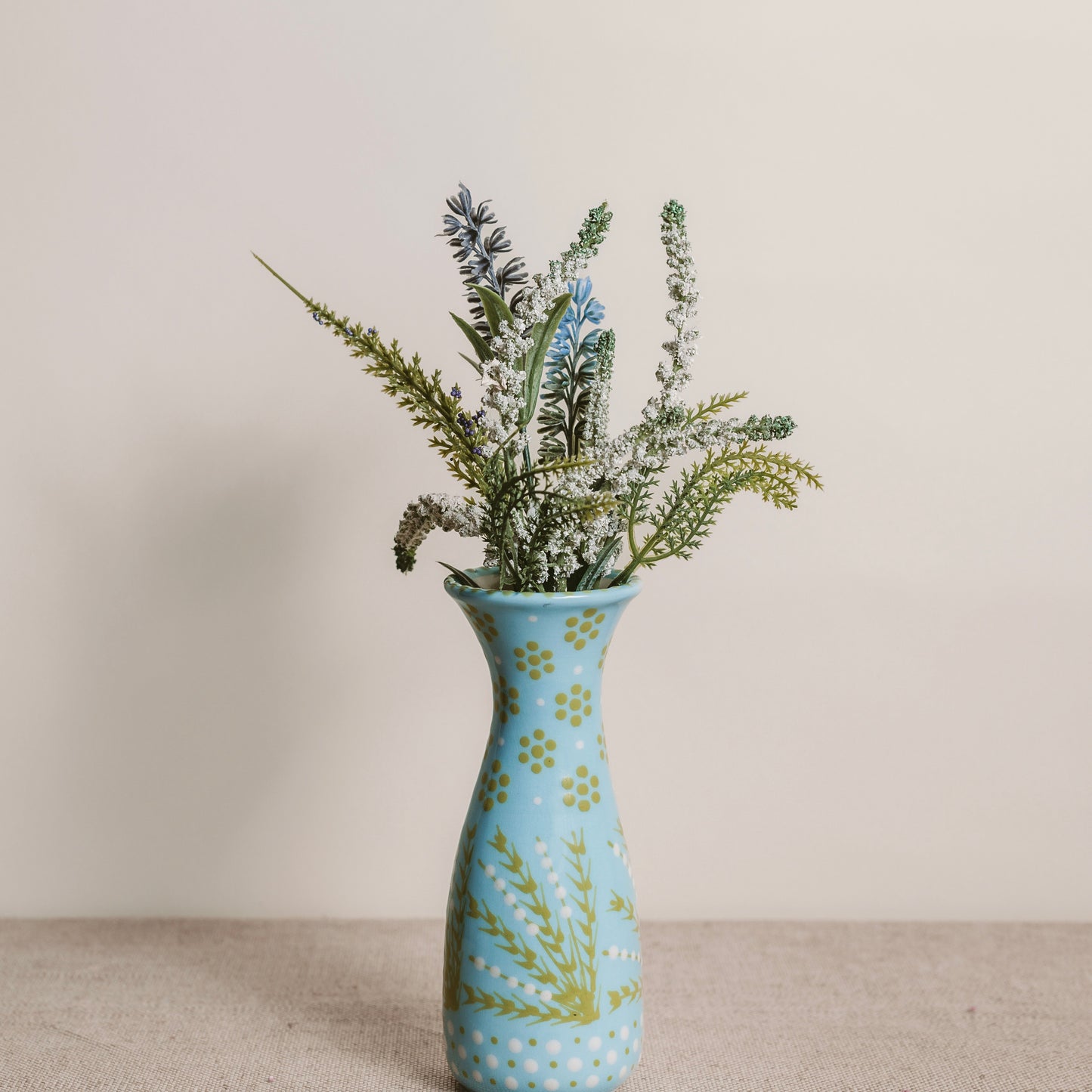 Coastal Breeze: Hand-Painted Blue, Green and White Ceramic Bud Vase