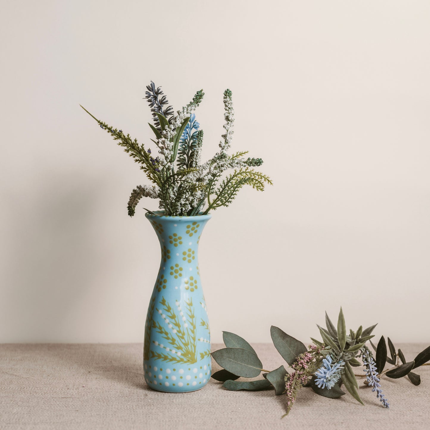 Coastal Breeze: Hand-Painted Blue, Green and White Ceramic Bud Vase