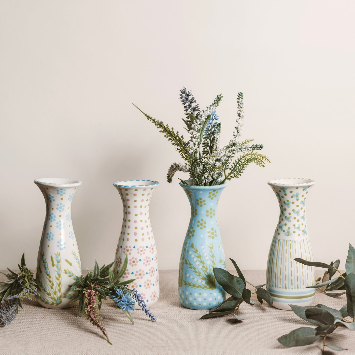 African Skies: Hand-Painted White, Blue and Green Bud Vase